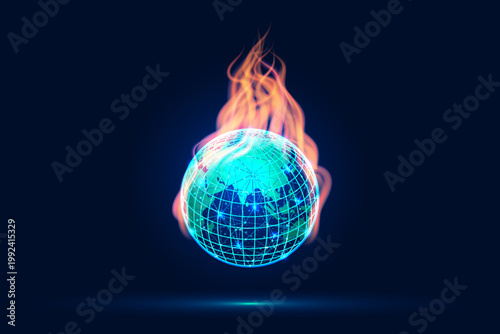 The globe is on fire, environmental disaster, wars, futuristic style illustration, vector.
