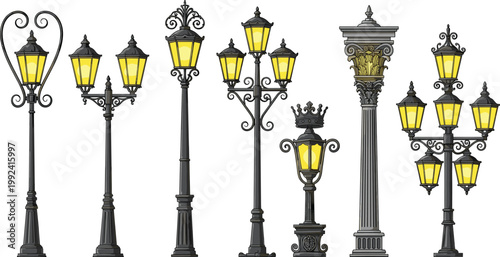 Vintage street lamp collection with ornate lantern posts, classic city lighting design elements, antique outdoor lights in detailed vector illustration set isolated