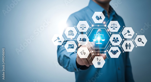 Digital Law and Justice Concept with a Hand Interacting with a Glowing Network of Legal Icons