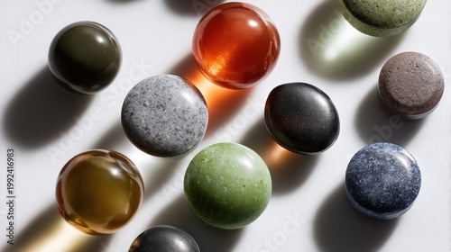 Close-up of scattered multicolored round objects, with varying textures and surface finishes