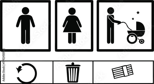 Public Restroom Icons Set – Toilet, Shower, Wheelchair, Baby, Trash Symbols Vector