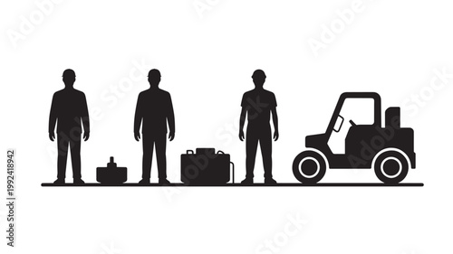 Construction Worker Team Silhouettes with Forklift and Industrial Equipment for Logistics and Manufacturing Concepts