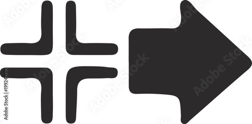 Black cross symbol and arrow pointing right