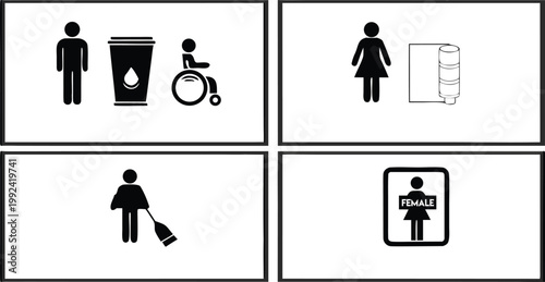 Public Restroom Icons Set – Toilet, Shower, Wheelchair, Baby, Trash Symbols Vector