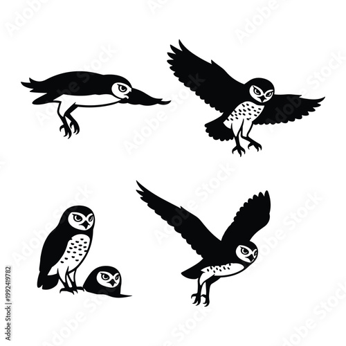 Photos Little owl silhouette icon collection, flying burrowing owl vector illustration, minimalist spotted bird silhouettes isolated on white, hand drawn owl elements for branding and nature logos