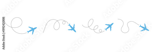 Collection of dynamic blue airplane silhouettes with dashed flight path trails. Features various trajectory shapes with loops and curves for air travel websites, flight booking apps