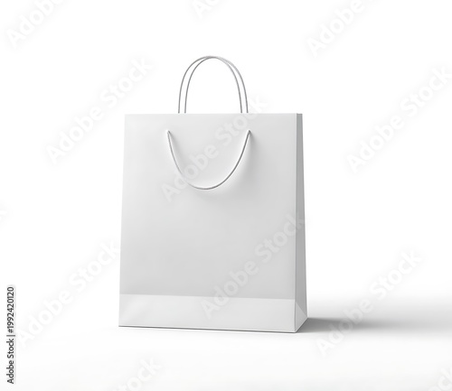 Minimalist white shopping bag mockup with twisted paper handles on plain background for retail branding