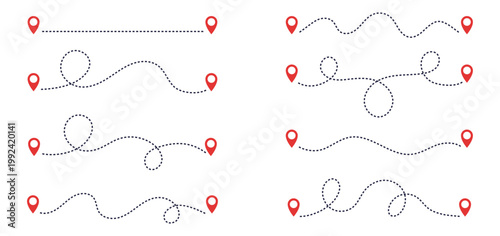 Vector set of various dotted and dashed flight paths with red location pins at start and end points. Clean minimalist design for interactive map UI, logistics diagrams, travel planning apps