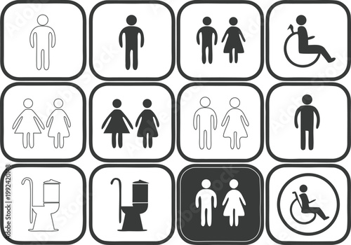 Public Restroom Icons Set – Toilet, Shower, Wheelchair, Baby, Trash Symbols Vector