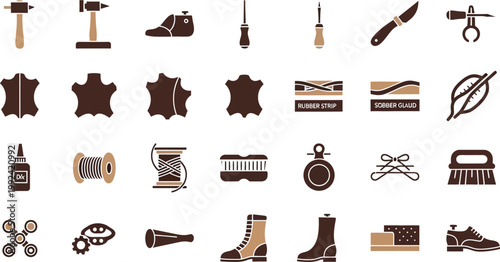 Collection of tools and items related to shoemaking and leather crafting Vector