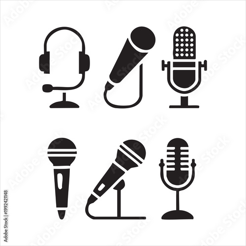 Audio gear vector elements including wired handheld mics headset and table stand recording equipment.