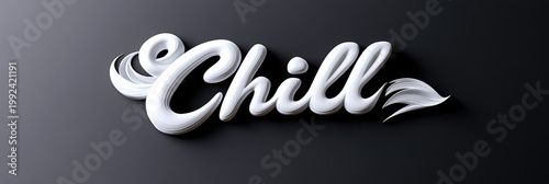Calligraphic Chill Out lettering in shiny black 3D text, symbolizing relaxation and enjoying leisure time on a minimalist black background, reflecting a cool and laid back vibe