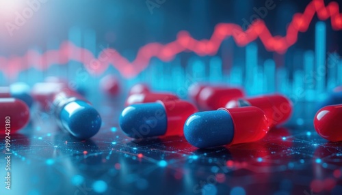 Red and blue pills rest on a digital surface with glowing connections. A red line graph shows market trends. Medicine analysis, financial growth, and healthcare data concepts are represented.