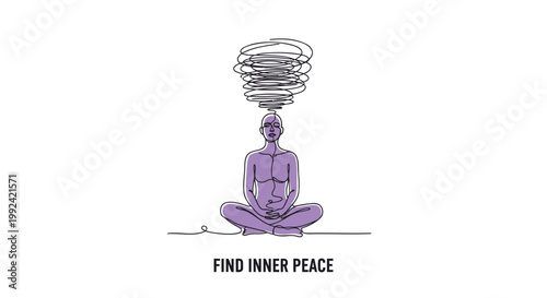 Meditating person, inner peace, purple line art, mindfulness vector, yoga illustration