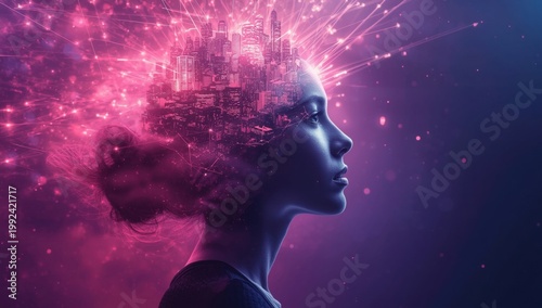 Conceptual image of a womans head with a luminous city, symbolizing ai, technology, and thought