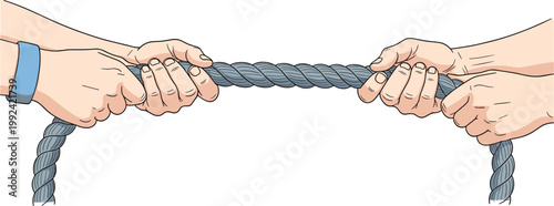 Hands pulling rope in tug of war concept, competition, teamwork and conflict symbol, strength and struggle illustration isolated vector design element