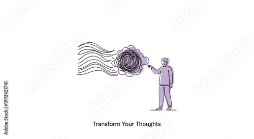 Mindful transformation, thought control, purple illustration, emotional wellness, mental health