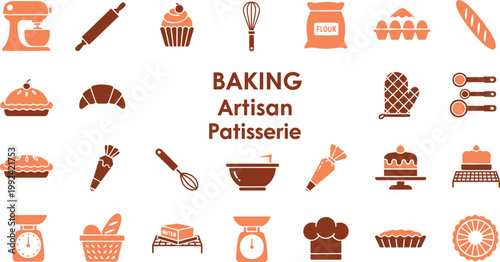 Colorful icons representing baking artisan patisserie tools and treats Vector
