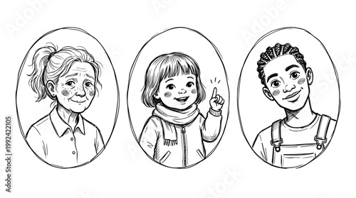 Hand-Drawn Portrait Illustration of Three Diverse People - Sketch Style Characters with Warm Expressions