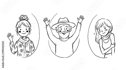 Happy People Celebrating - Hand-Drawn Line Art Illustration of Diverse Characters in Joyful Poses