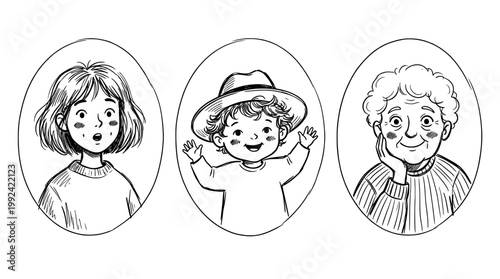 Hand-Drawn Portrait Illustrations of Three Generations - Girl, Child, and Elderly Woman Line Art Sketch