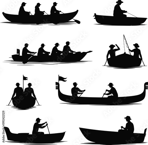 Black Silhouettes of People Rowing Boats on Water