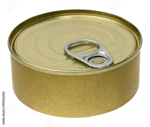 Canvastavla Closed golden colored tin can with quick opening ring