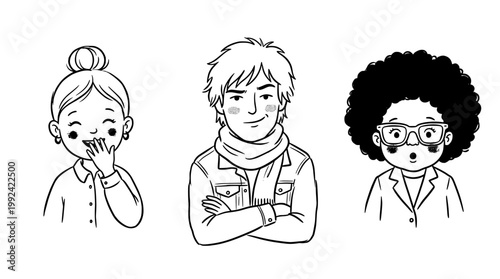 Hand-Drawn Line Art Portrait of Three Diverse Young People with Different Hairstyles and Expressions