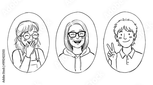 Three Happy People Portrait Illustrations - Hand-Drawn Line Art Avatar Collection