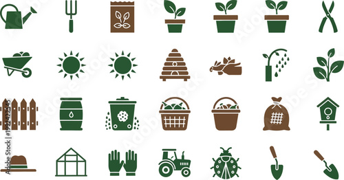 Collection of gardening and farming tools and elements icons Vector