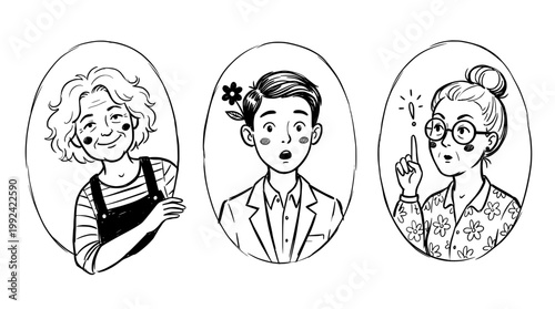 Hand-Drawn Portrait Illustrations of Diverse People - Line Art Character Sketches with Expressive Faces