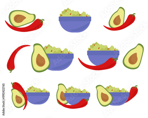 Vector flat illustration set of fresh guacamole and its ingredients