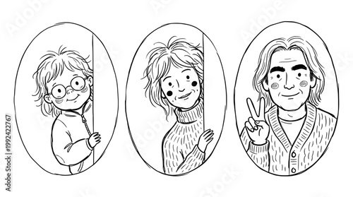 Three Generations Female Portraits - Hand-Drawn Line Art Illustration of Women at Different Life Stages