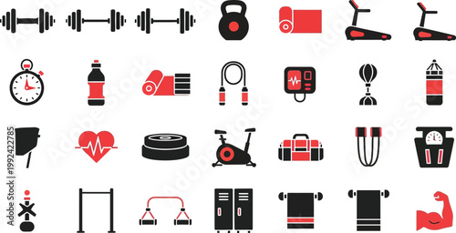 Comprehensive collection of gym and fitness equipment icons Vector