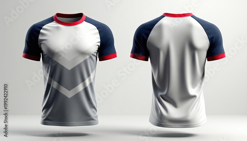 Front, back view of sports jersey. This athletic shirt displays modern grey, white design with navy blue raglan sleeves, red trim. Ideal for team uniform mockups or sublimation printing concepts.