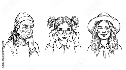 Hand-Drawn Portrait Illustration of Three Diverse People with Different Styles and Accessories