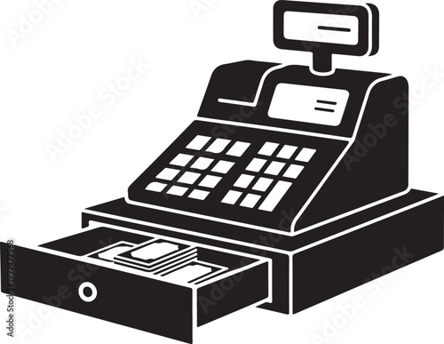 Cash register with open drawer.