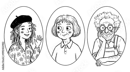 Hand-Drawn Portrait Illustrations of Three Diverse Women - Sketch Style Character Designs