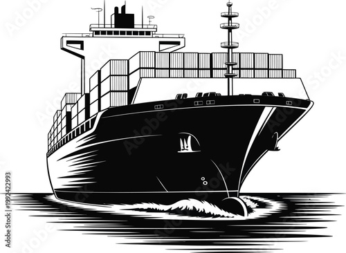 Large Cargo Ship Sailing on Ocean Water in Black and White