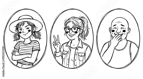Three Diverse Young People Portrait Illustrations in Hand-Drawn Line Art Style - Happy, Confident Faces with Different Styles and Expressions