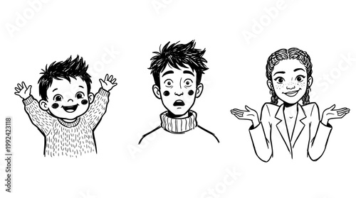 Hand-Drawn Children Expressing Different Emotions - Happy, Surprised, and Confused Kids in Sketch Style