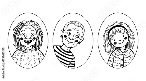 Hand-Drawn Portrait Illustrations of Diverse Happy People - Line Art Character Sketches