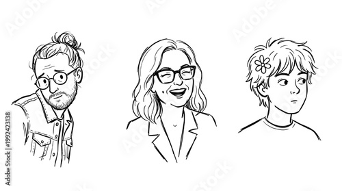 Hand-Drawn Portrait Illustrations of Diverse People with Glasses and Stylish Hairstyles - Line Art Sketch Collection