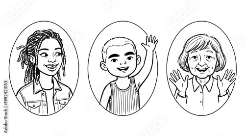 Hand-Drawn Portrait Illustrations of Diverse People - Smiling Faces Line Art Style