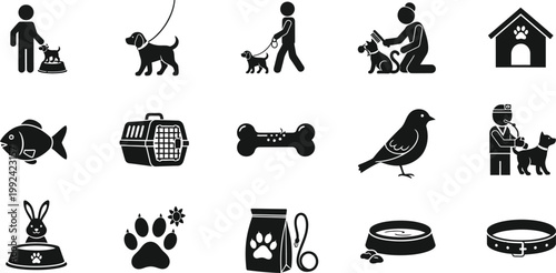 Comprehensive icons depicting various pet care activities and accessories Vector