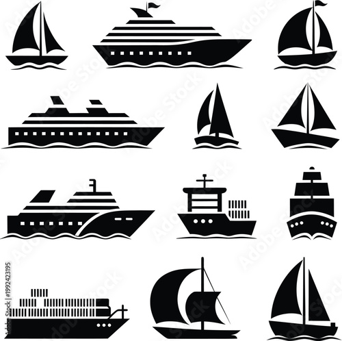 Black Ship Icons on White Background