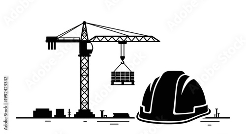 Construction site with crane and hard hat.