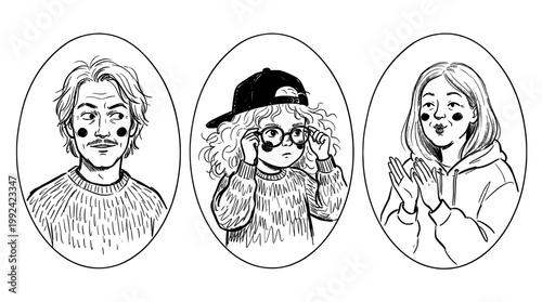 Hand-Drawn Portrait Illustrations of Three Diverse Characters in Sketch Style