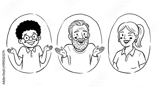 Hand-drawn Line Art Portrait Illustrations of Three Diverse Smiling People with Shrugging Gestures