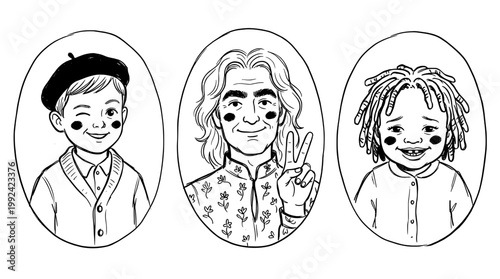 Hand-Drawn Diverse Family Portraits - Line Art Character Illustrations